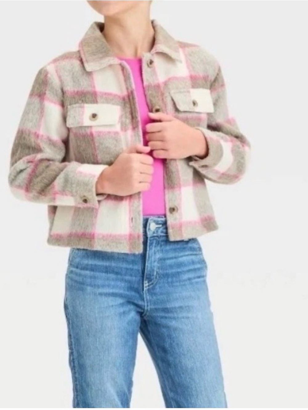 Cat & Jack Girls Plaid Cropped Shacket — Size XS